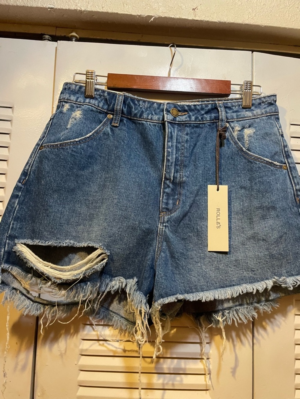 ROLLA'S Frayed Hem Distressed Denim Shorts in Blue High Rise Slim